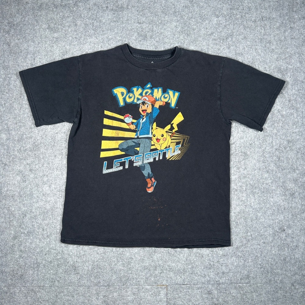 Pokemon T Shirt Boys L Black Ash Ketchum Pikachu Let's Battle Graphic Tee